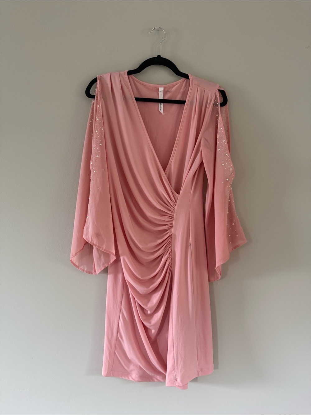 JM Collection | Dusty Pink Draped Ruched V-Neck Long Sleeve Dress